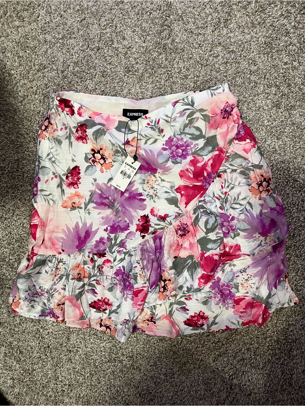 Express Floral Wrap Ruffle Mini Skirt - Pink & Purple